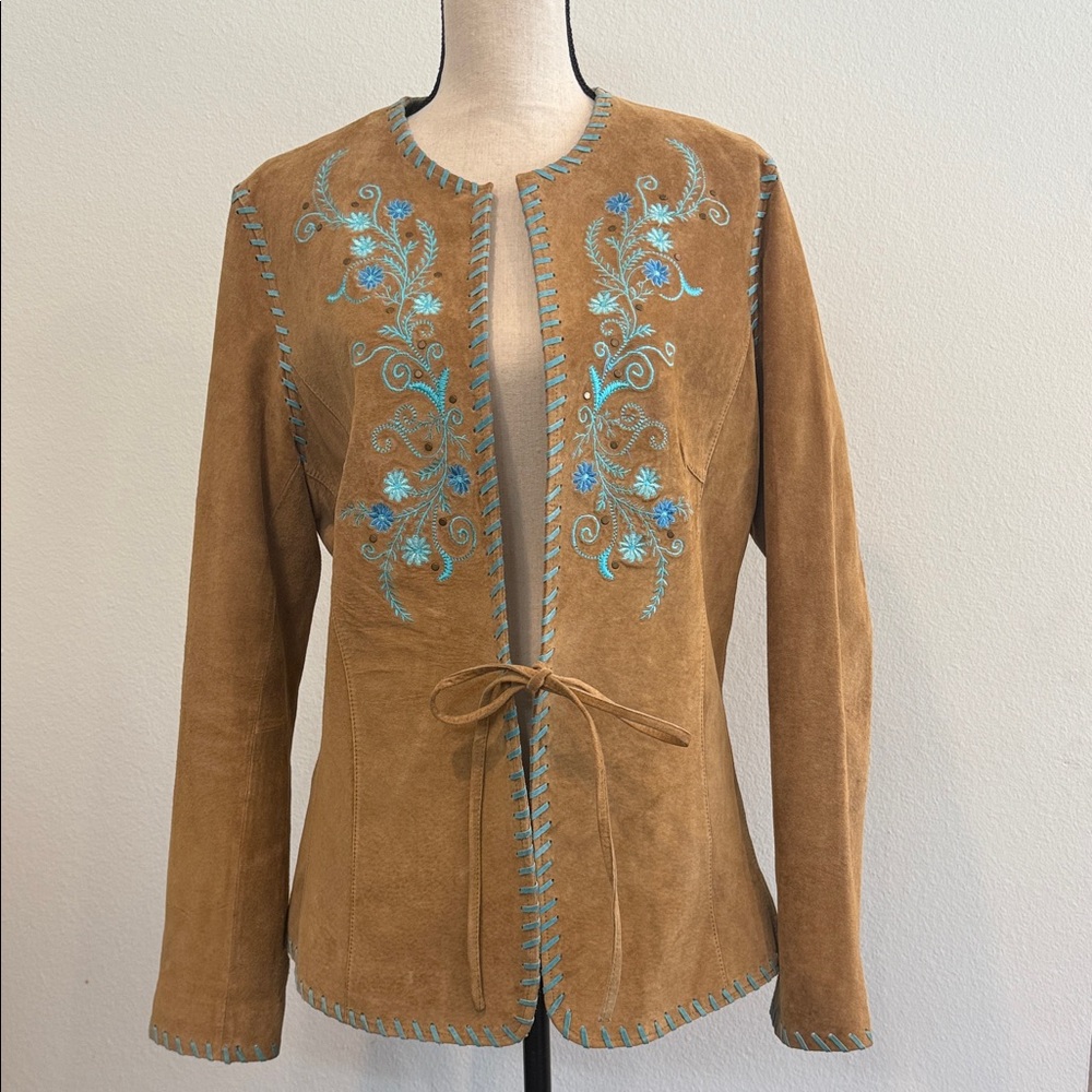 Roper Suede Tan Jacket with Blue Embroidery